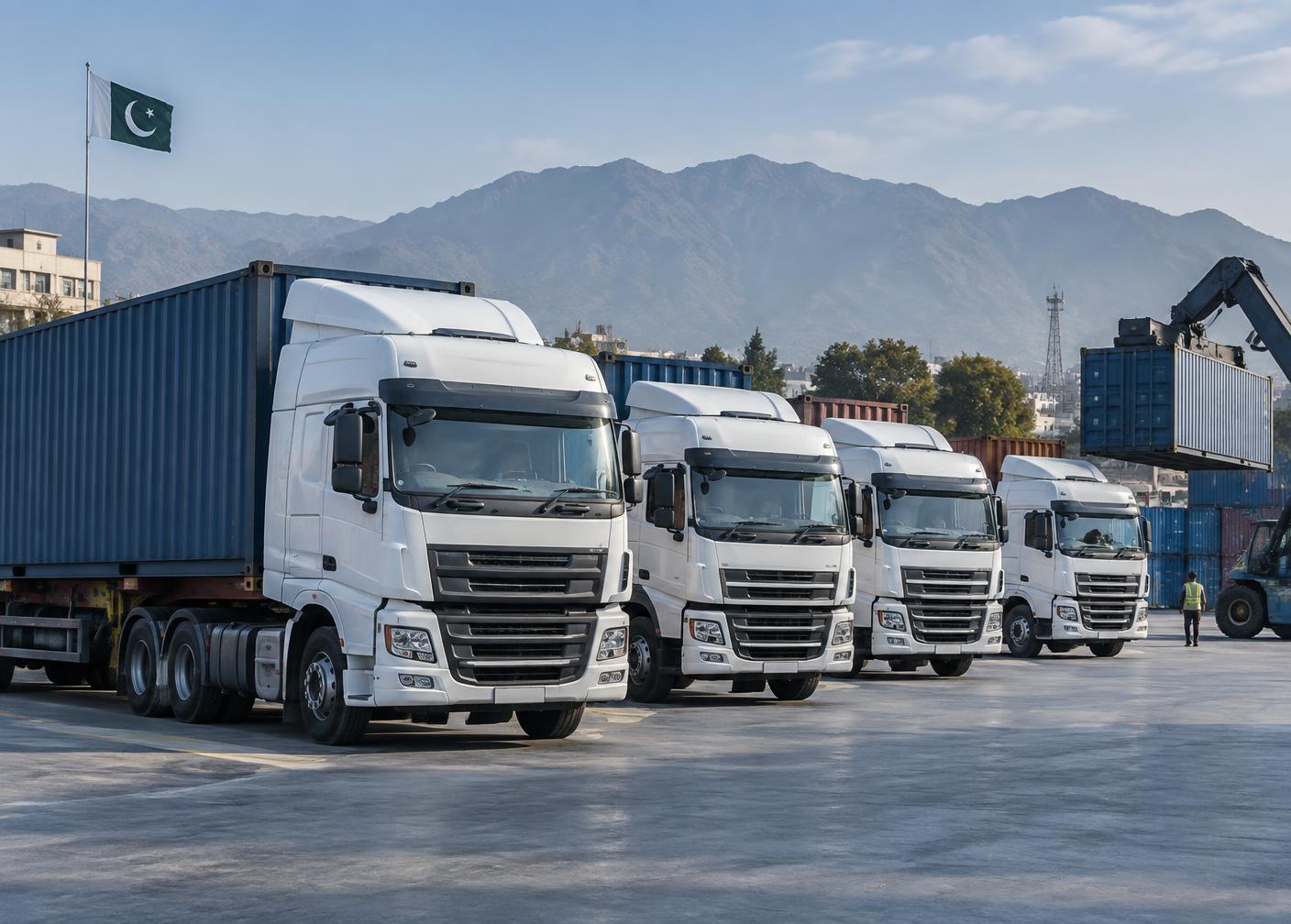 Commercial cargo trucks at a logistics yard in Pakistan